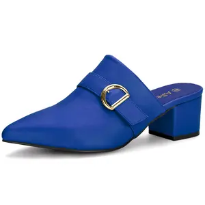 BLISSFUL STEP Pointed Toe Slip On Block Heel Sandals Mules Blue