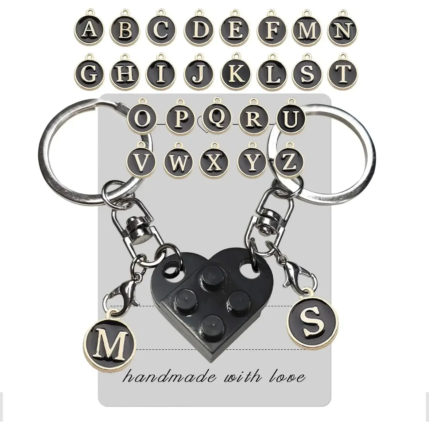 Brick Couples Keychain Set, Personalized Matching Heart with 26pcs Alphabet Letters Charms - Anniversary Gift for Boyfriend and Girlfriend