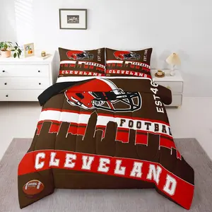 Football City Comforter Set,Football Bedding,Brown Red Rugby Game Bedding Comforter Sets,Football Fans Sports Ball Team Quilt,(Cleveland)
