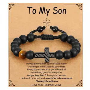 "To My Son" Cross & Tiger Eye Bracelet, Handcrafted Matte Black Onyx Adjustable Beaded Wristband, Inspirational Blessing Gift from Mom
