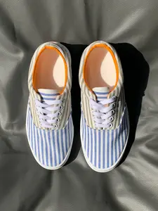 Fashion New Blue Striped Skate Shoes, Comfortable Durable Low Top, Unisex Casual Canvas Sneakers, All Seasons Wear, Footwear