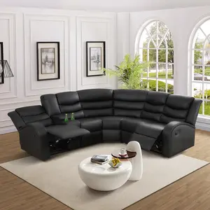 Sectional Recliner Sofa Set with Storage, Manual Reclining Black Leather Sectional Couch Includes 2 Recliner Seats, Cup Holders & Hidden Console Storage, for Home Office(Black)