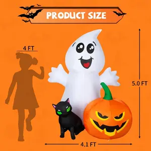 Halloween Inflatable 5FT Ghost with Black Cat and Pumpkin, Built-in LEDs Blow Up Yard Decoration for Party Outdoor Yard Garden LawnD24AutoPartsGo