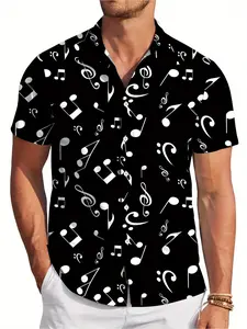 Men'S Bohemian Style Short Sleeve Button-Up Shirt with Musical Note Print - Black & White, Unique Print, Perfect for Parties, Dinners, and Casual Outings, Party Attire, Stylish Lapel Collar, Comfortable Fit
