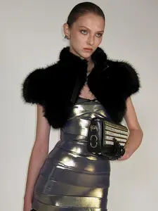 Women's Fall Winter New Pure Color Sexy Fur Short Crop Top Sleeveless Tie Front Blouse, Street Style, Chic, Slim-Fitting, All Seasons