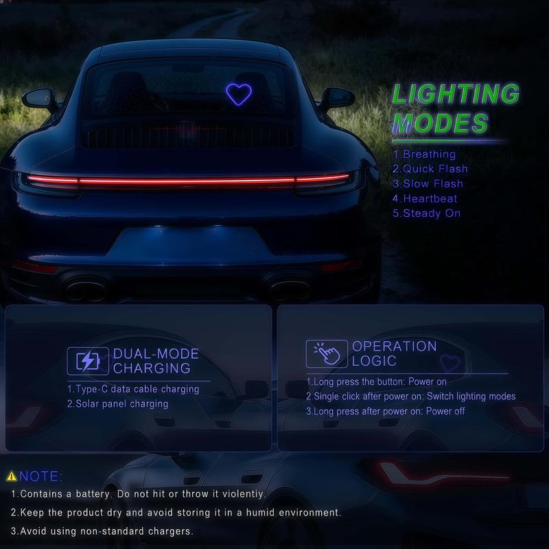 2PCS-Solar Powered Wireless LED Heart Shape C-Pillar Neon Light Eco-Friendly Modern Stylish Look for Car Interior Decor 9.57mm x 8.42mm x 15.36mm