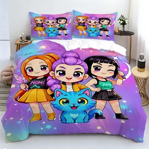 2/3pcs Anime Girl And Blue Kitten Print Duvet Cover Set, Cartoon Style Bedding Set, Soft Ultra-Fine Fiber, Breathable And Durable, Zipper Closure, Including 1 Duvet Cover And 1/2 Coreless Pillowcase, Suitable For Children And Teenagers' Bedroom Decoration