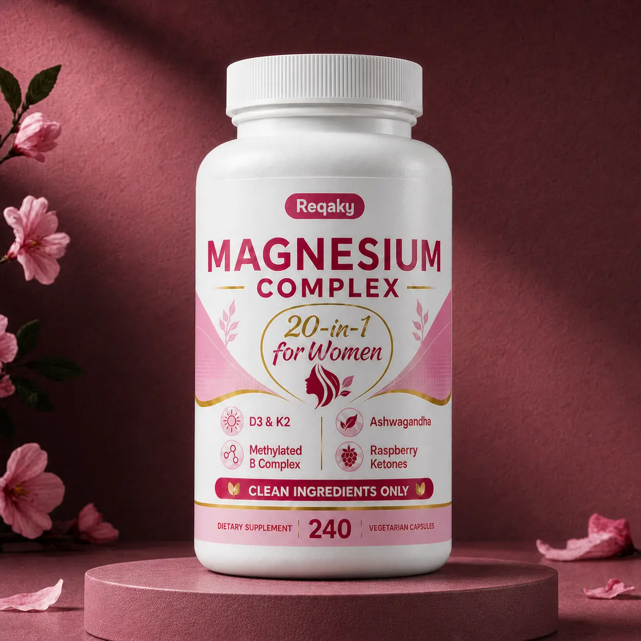 Magnesium Complex for Women, 240 Vegetarian Capsules | 20-in-1 Formula - Magnesium Blend with Vitamin D3, K2, Ashwagandha & More | Filler Free, Non-GMO / Healthcare,Dietary,Supplement,Edible,Bathroom,Optimum,Fitness