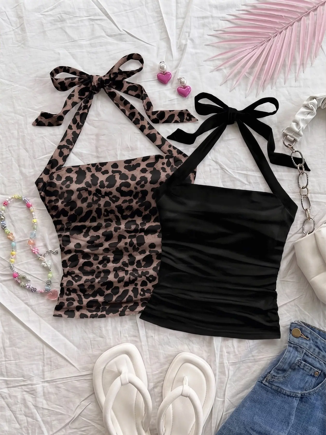 Leopard Print & Black Halter Neck Top Bow Tie Backless Ruched Boho Sleeveless Bohemian Style Summer Camisole