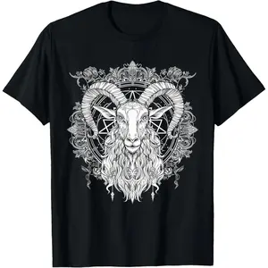 Men's Baphomet Goat Halloween Short-Sleeve Round Neck Top, Natural Fabric Metal Head Graphic T-Shirt