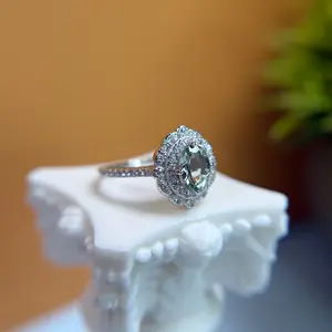 Oval Moissanite / Aquamarine / Green Amethyst Ring – Sterling Silver Halo Engagement Ring – Vintage Style Promise Ring