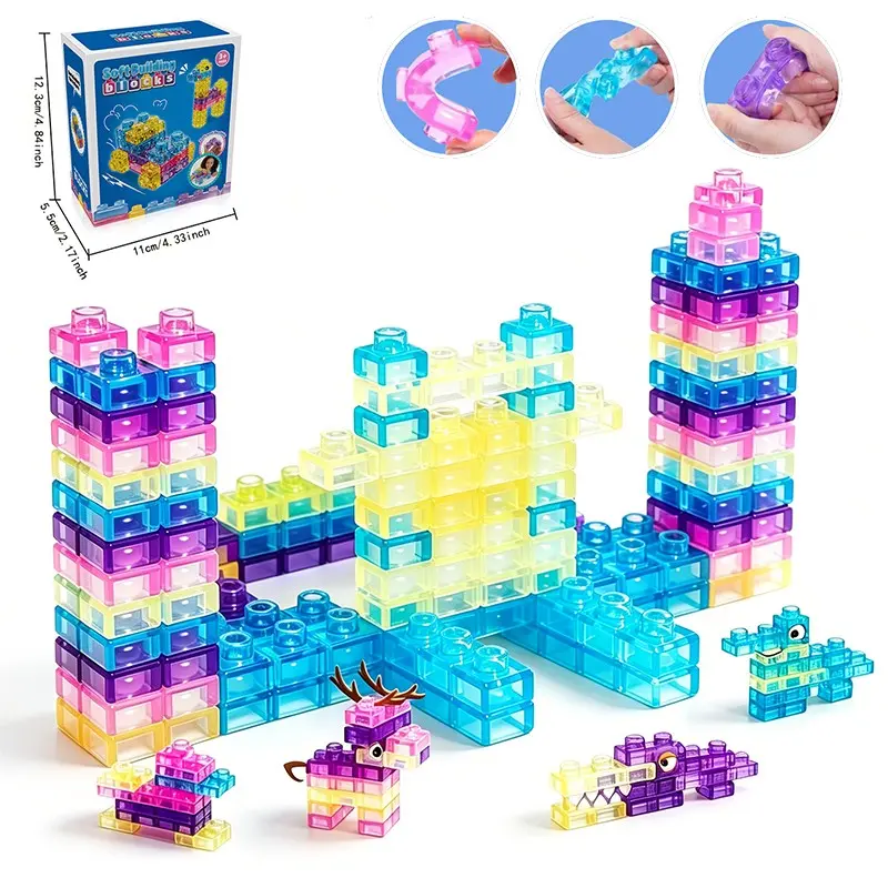 Soft Rubber Building Block Toy Set, 40pcs Stretchable Sensory Playset, Stem Early Learning Blocks, Enhances Creativity, Fine Motor Skill Development & Motor Skills