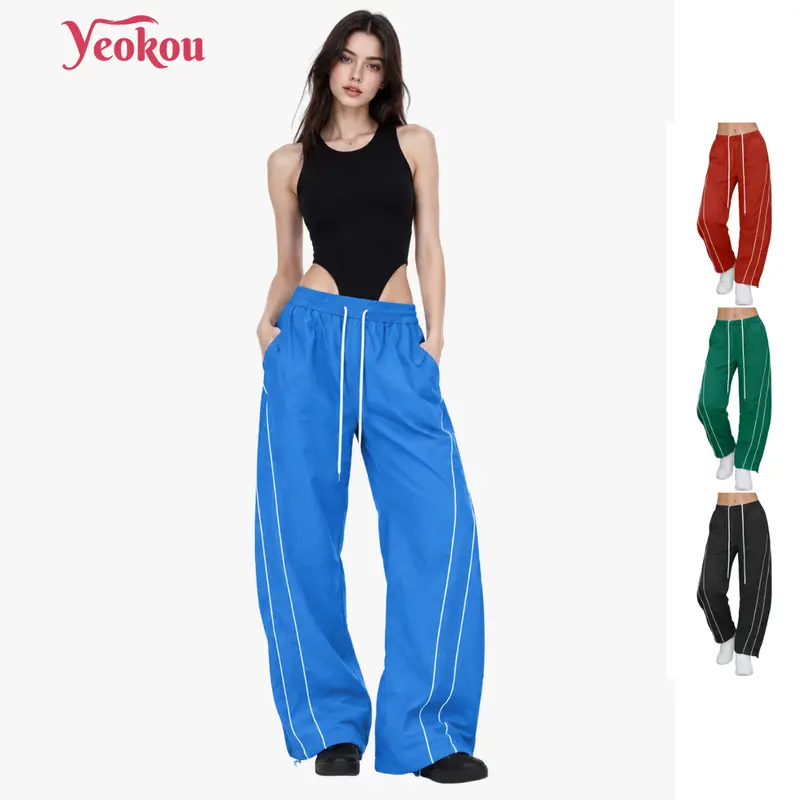 Yeokou Women's High-Waisted Tapered Track Pants, Breathable Color-Block Lightweight Nylon Activewear Lounge Pants with Pockets & Adjustable Drawstring, Chic Women's Bottoms