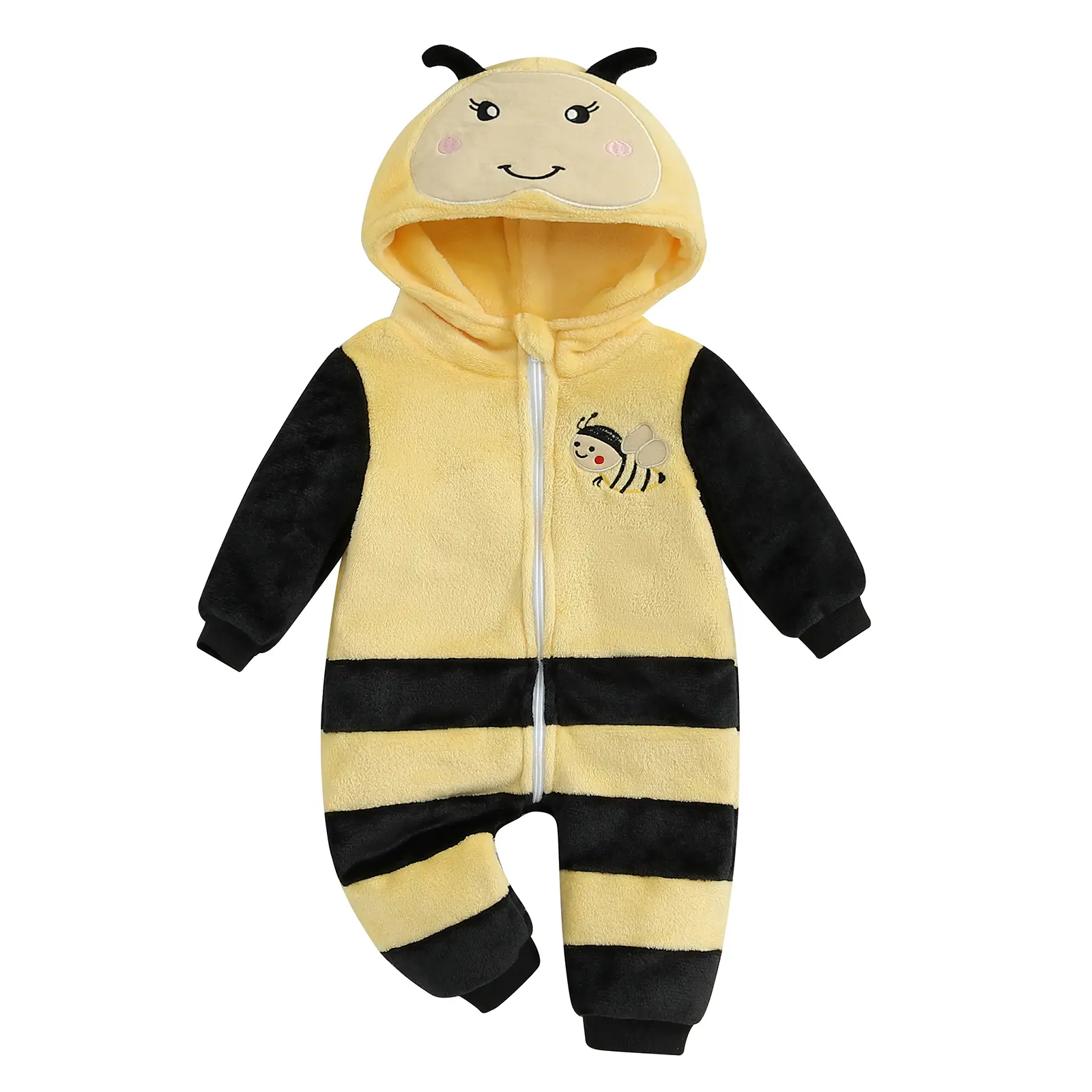 Toddler Baby Boys Girls Halloween Bee Costume Cartoon Animal Fuzzy Hooded Zipper Romper Jumpsuit Cosplay
