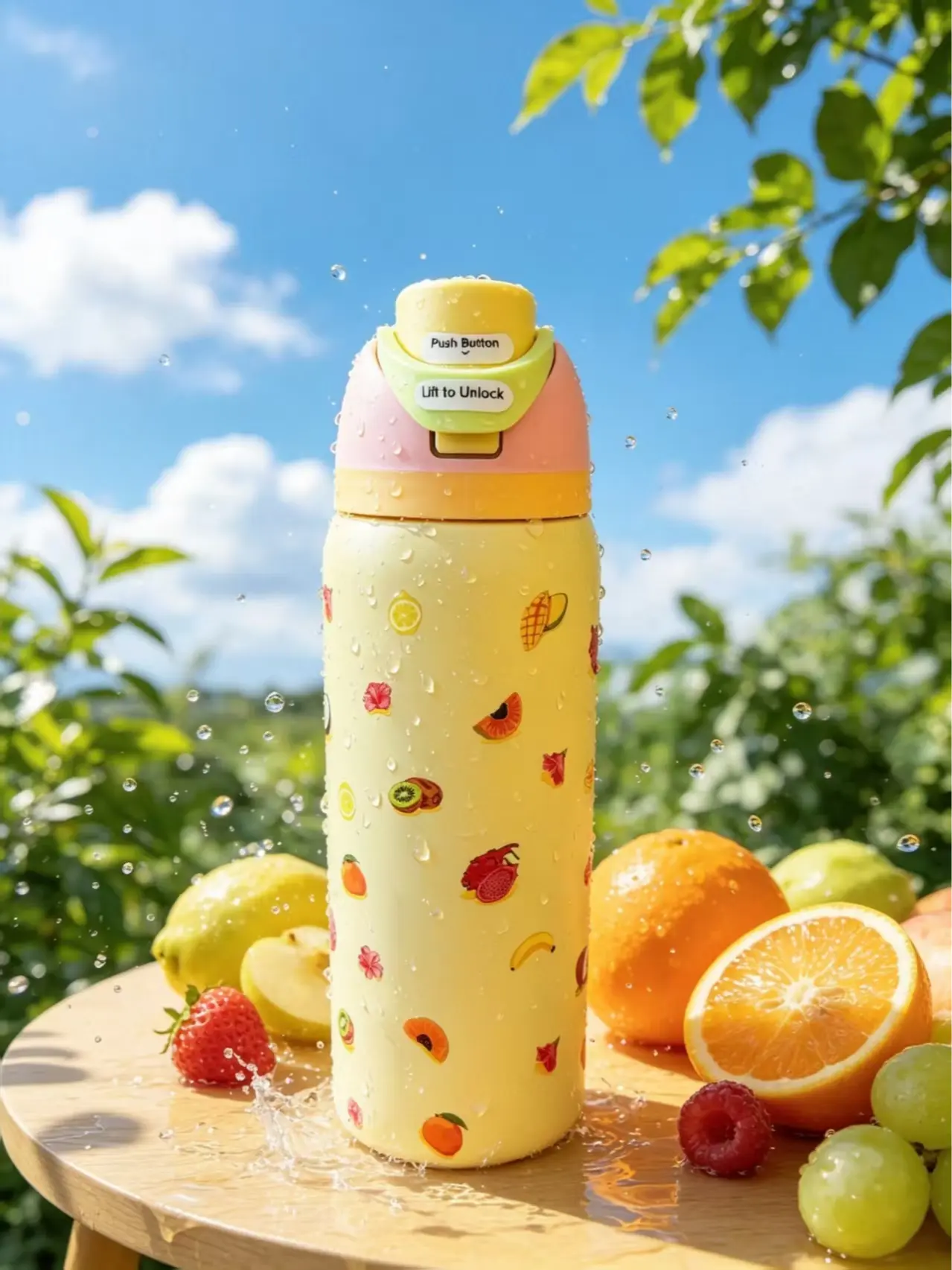 Owala 32 oz Stylish Fruit Pattern Portable Vacuum Insulated Tumbler - BPA-Free Leakproof Vacuum Flask, Flip-Top Spout Lock Lid, All-Day Cool Drinks, Great Summer Gift for Teenagers & Women, Flasks, Stainless Steel Thermal
