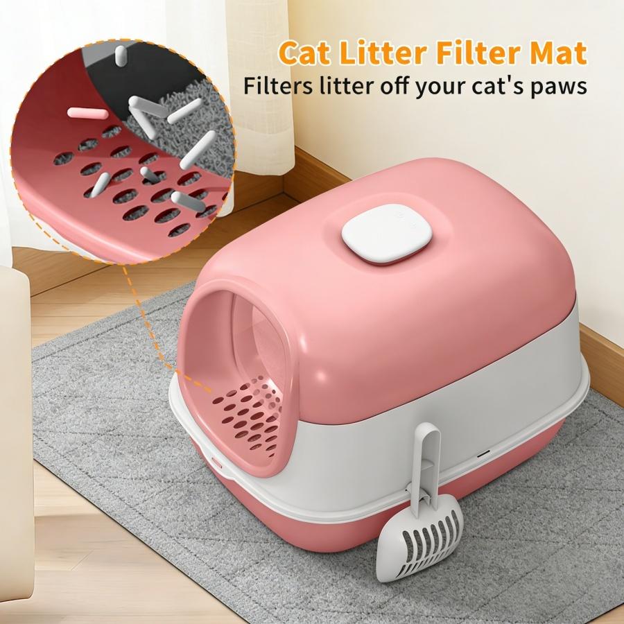 No-Mess Hooded Enclosed Cat Litter Box with Odor Control and, Standard, Multicolor, Extra Large Enclosed Cat Box with Litter Scoop - Gray/Pink