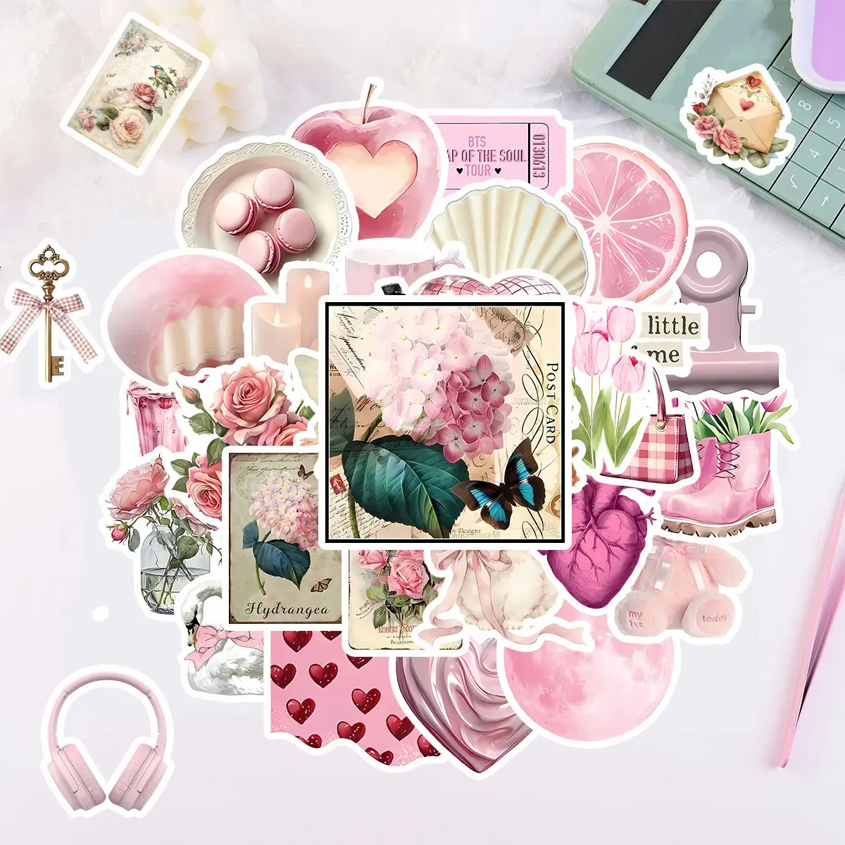50Pcs Pink Coquette Stickers Pack, Waterproof Vintage Floral & Romantic Aesthetic Vinyl Decals for Laptop, Water Bottle, Journal & Scrapbook, Feminine Lover Gift