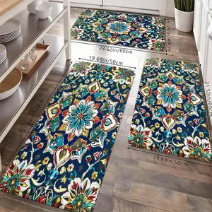 Vintage Boho Persian Floral Kitchen Rug Set, Moroccan Mandala Blue Non-Slip Washable Floor Mats, Bohemian Ethnic Runner Rugs for Kitchen, Living Room & Home Decor