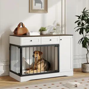 GAOMON 47" Farmhouse White Dog Crate Furniture with Double Doors, 2 Drawers & Storage Cabinet – Modern Indoor Dog Kennel End Table, TV Stand & Buffet Cabinet for Pet Small Medium Dogs