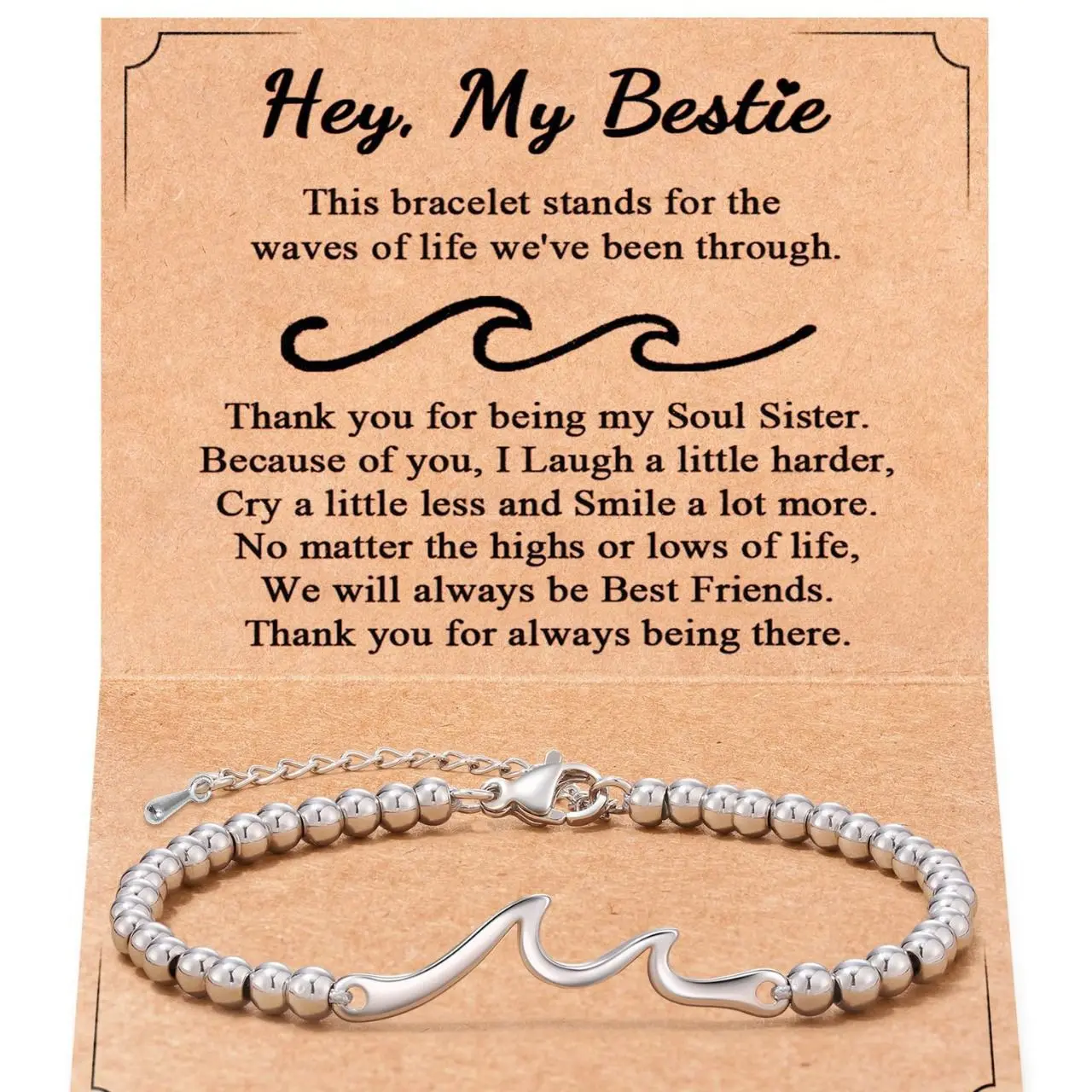 Bestie Card 2+Wave Silver Bead Bracelet
