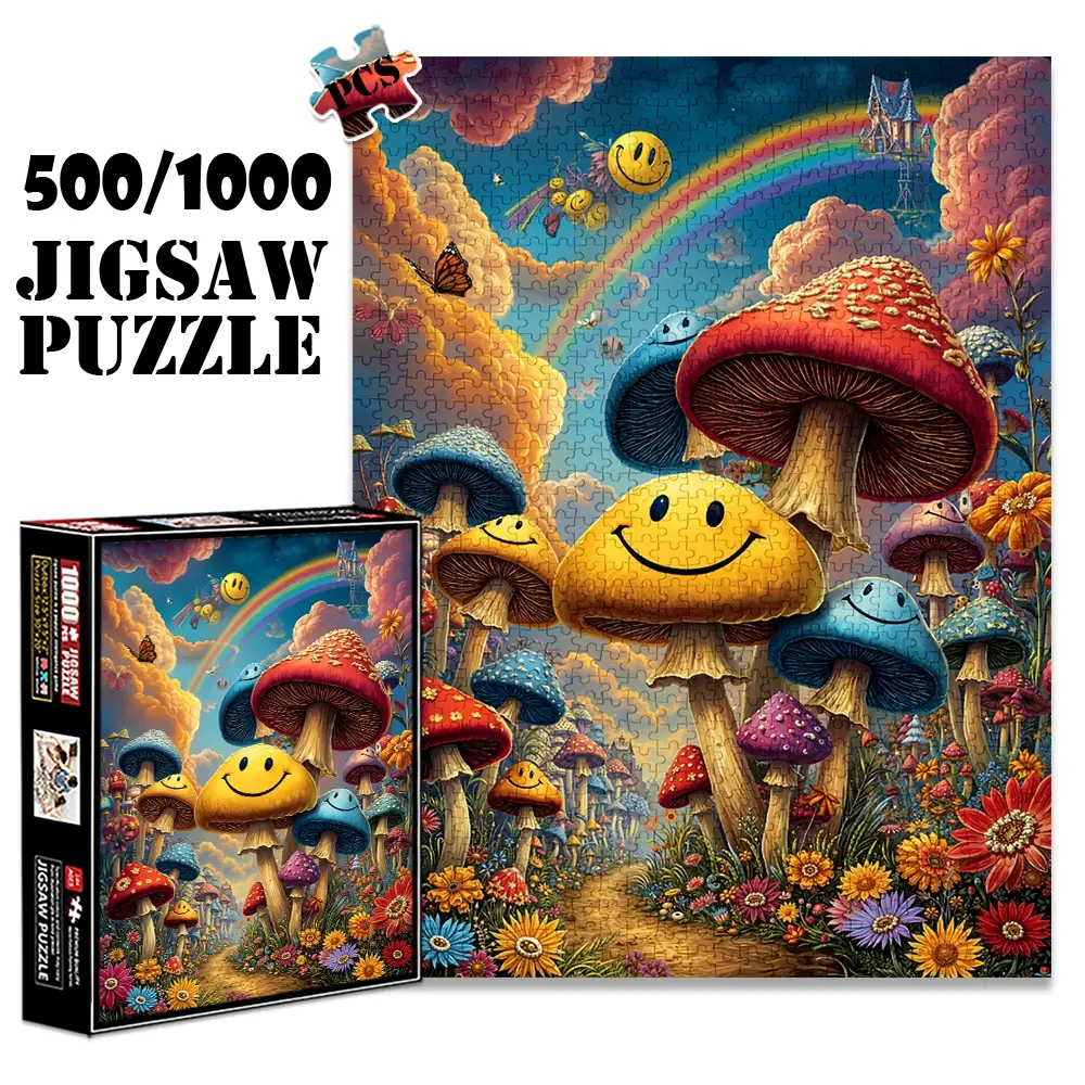 1pc 1000 piece adult puzzle 70x50cm Smiling Mushrooms in a Magical Rainbow - Filled Landscape with Flowers and Castle 500 pieces of paper jigsaw puzzle, suitable for adults and families, large-sca