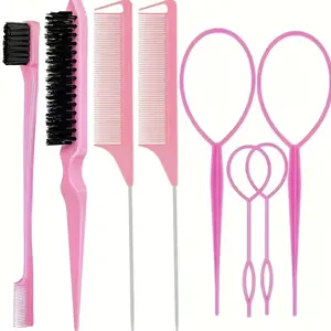 Professional Heatless Hair Styling Tools Set, Hair Grooming Kit, Hairdressing Set, Steel Needle Tip Tail Comb, Double Head Eyebrow Brush, Large & Small Hair Braiding Hoop, Summer Gifts