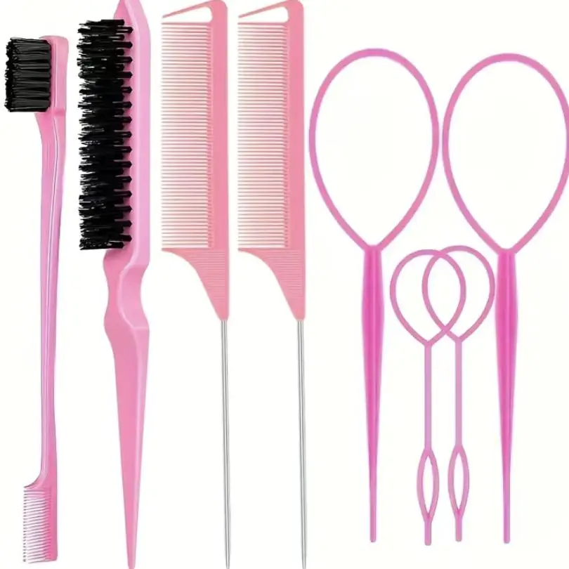 Professional Heatless Hair Styling Tools Set, Steel Needle Tip Tail Comb, Double Head Eyebrow Brush, Large & Small Hair Braiding Hoop, Summer Gifts