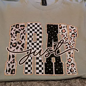 Just Pray T-Shirt with Leopard & Checkerboard Design for Women