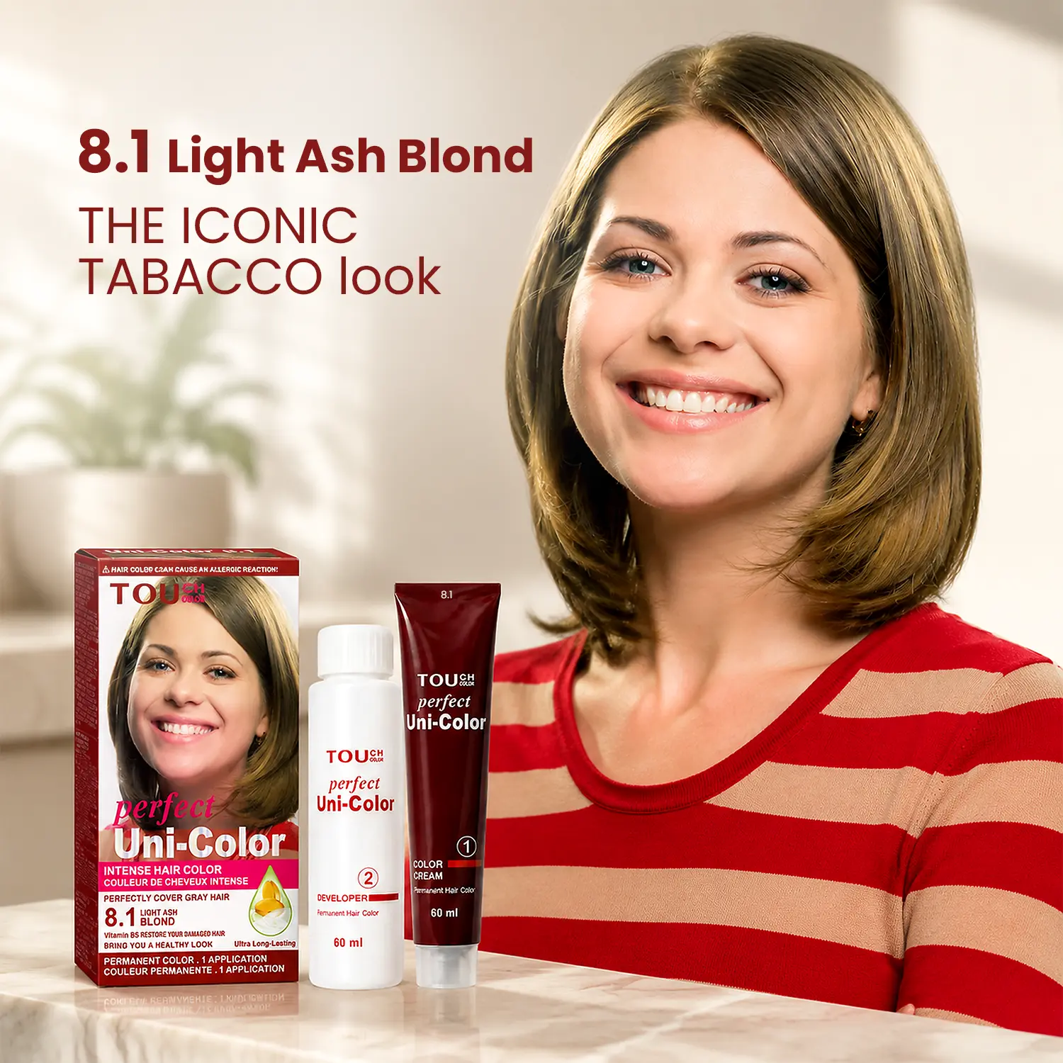 TOUCHCOLOR Perfect Uni-Color 8.1 Light Ash Blonde Permanent Hair Color Kit, 120 mL Cream Dye & Developer, 1:1 At-Home Hair Coloring, 1 Application