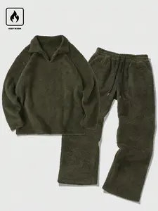 Men's Sherpa Fleece Tracksuit Set, Olive Pullover & Pants, Collared V-Neck, Warm for Winter, Casual Loose-Fitting, Plain Tracksuit Set