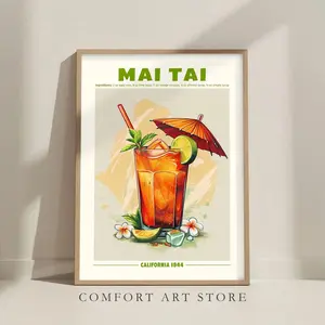Mai Tai Cocktail Print – Retro Drink Poster, Home Bar Decor, Mixology Gift, Classic Cocktail Recipe Art, Unframe