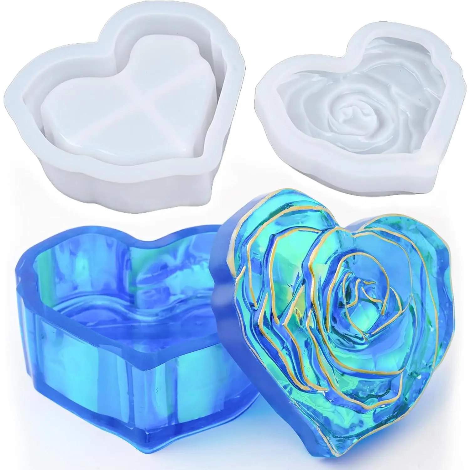 1Set Silicone Heart Shaped Resin Mold (4.07x2.23in Jar with Rose Lid) - Home Improvement Building Supplies for DIY Jewelry, Makeup Storage, Car & Office Decor Handmade Gifts, Molding, Birthday