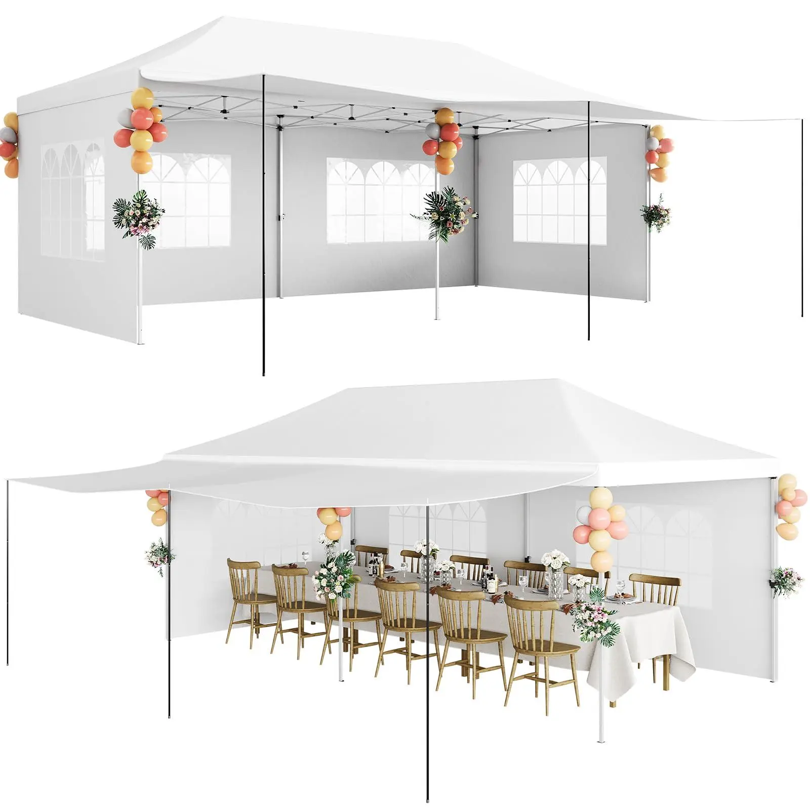 GAOMON Heavy-Duty Folding Canopy Tent - 10x20Ft (3x6m) Sturdy Oxford Fabric (420D), 5 Removable Sidewalls, PE Windows, Waterproof, UV50 Sun Protection, Adjustable Guy Ropes, Portable Patio Awning for Weddings, Pavement Use with Natural Light Access, Large