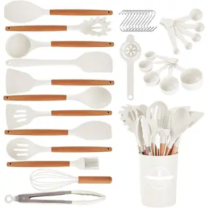 Kitchen Utensils Set - 34 count Non-Stick  Cooking Utensils Set Spatula Set with Holder, Wooden Handle Spoon,Brush,Whisk Kitchen Gadgets Tools Set for Nonstick Cookware (Cream White-34P)