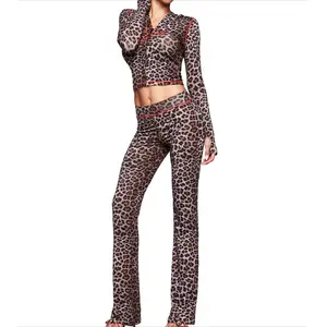 Leopard Print Hooded Long Sleeve Thumb Hole Set • Micro Flare Pants 2-Piece Outfit • Ideal for Casual Parties Chic Women