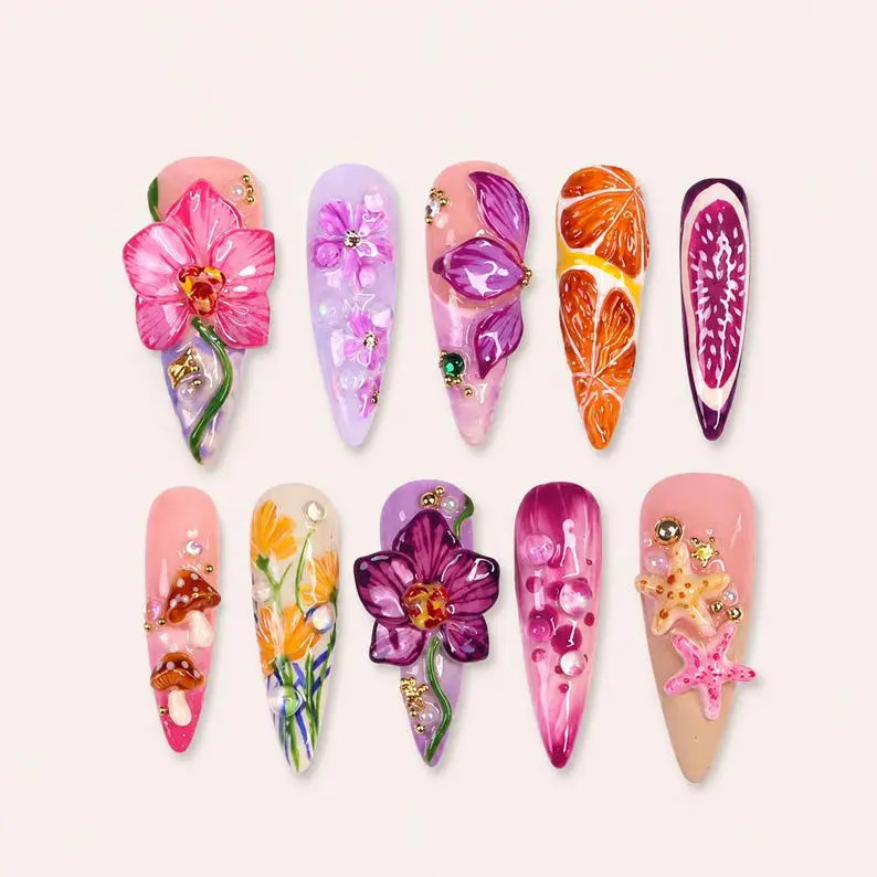 Tropical Orchid Fantasy Press On Nails | Exotic Floral Fruit Nail Set | 3D Orchid Citrus Fairycore Summer Nails | Handmade Trendy Press-On Nails