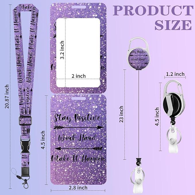 ID Badge Holder with Adjustable Lanyard, Retractable Badge Reels with Belt Clip, Vertical ID Card Protector for Women Nurse Doctor Teacher Student(Positive Quote)