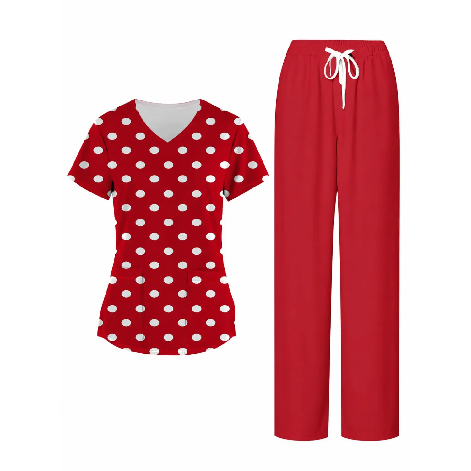 Women's Red Polka Dot V-Neck Short Sleeve Scrub Set with Elastic Drawstring Waist Pants for Medical Professionals
