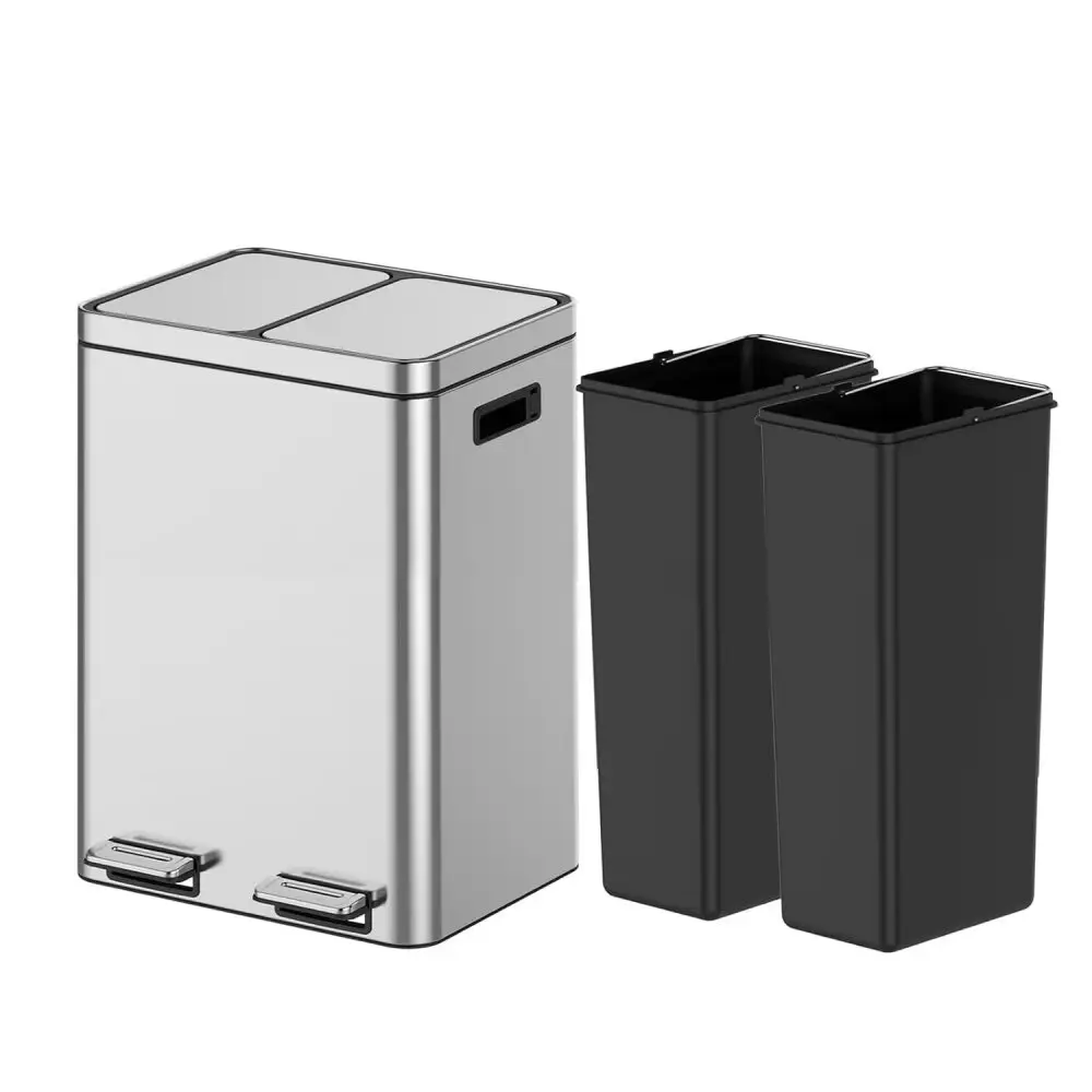 【Christmas Gift】40L Stainless Steel Trash Can - 2 Separate Bins with Removable Liners Soft-Close Lid and Foot Pedal - Kitchen Recycling/Waste System Bucket Metallic