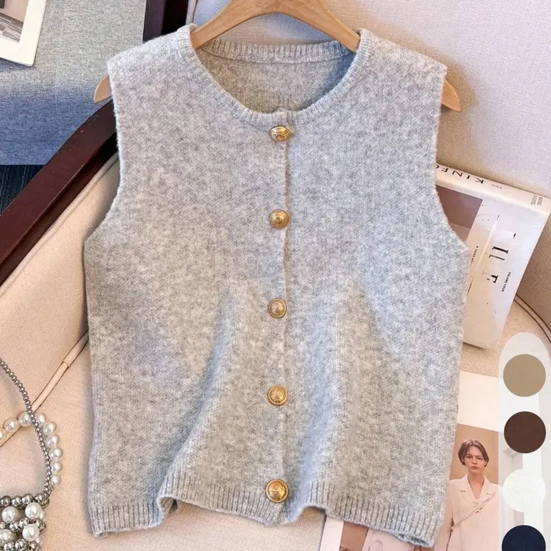 Women's Solid Color Button-Front Fitted Sweater Vest, Casual Knitted Vest, Basic Casual Minimalist Sleeveless Round Neck Knitwear for Summer Daily Wear, Fashion Women's Old Money Style Knit Tank Top