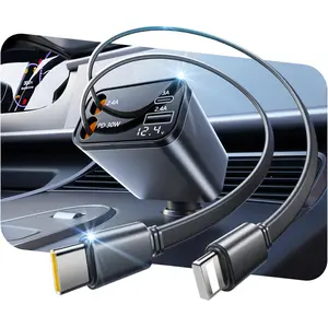 One Fish 4-in-1 Retractable Car Charger, For iPhone, iPad,  Samsung, Google, 30W Fast charging Cablewith USB A, Type C.