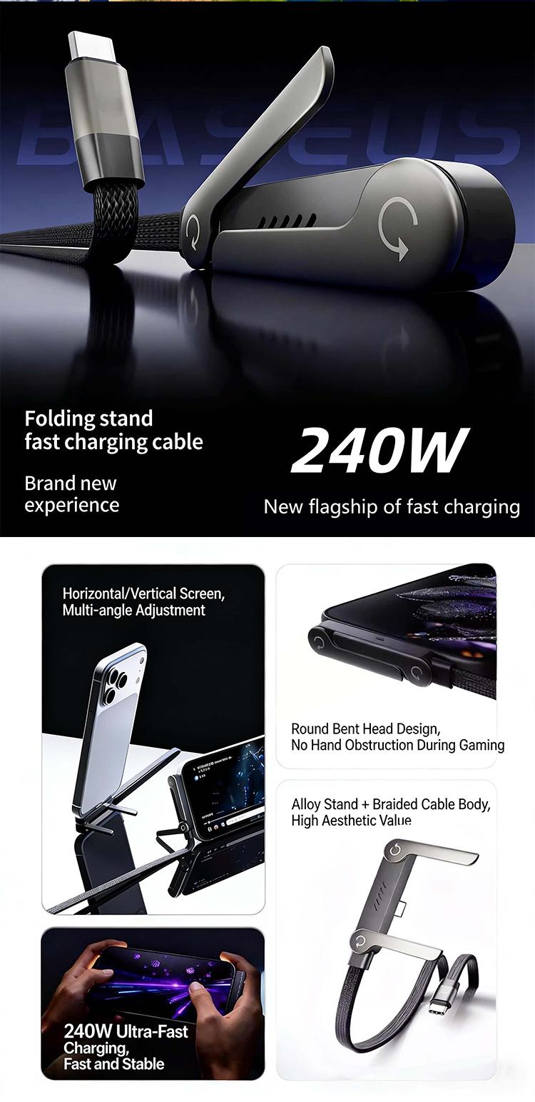 2-in-1 Invisible Phone Stand & Charging Cable, 240W Super Fast Charging Type-C Cable, Portable Hidden Holder Cord for Gaming Office Car Travel, Black Universal Cell Phone Accessory