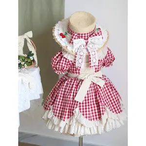 Girls' Vintage Checkered Dress with Lace Trim & Floral Basket - A-Line Summer Dress with Sash Belt, Machine Washable for Ages 2-12