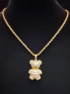 Artificial Zircon Bear Animal Pendant Necklace, Stainless Steel Twisted Chain, Unisex Hip Hop Punk Jewelry, Fashion Vintage Accessory, Sparkling CZ Necklace