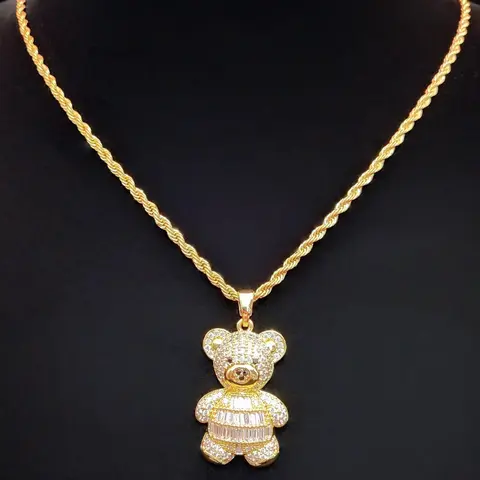 Artificial Zircon Bear Animal Pendant Necklace, Stainless Steel Twisted Chain, Unisex Hip Hop Punk Jewelry, Fashion Vintage Accessory, Sparkling CZ Necklace, Zircon Gemstone Necklace, Trendy Necklace