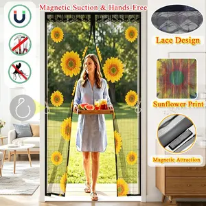 Automatic Magnetic Screen Door, Sunflower Print, Lace Top, Hooks Sides, Mosquito Proof, Self-Adhesive, Home, Bedroom, Balcony, Garage Screen Doors, Magnetic Attraction