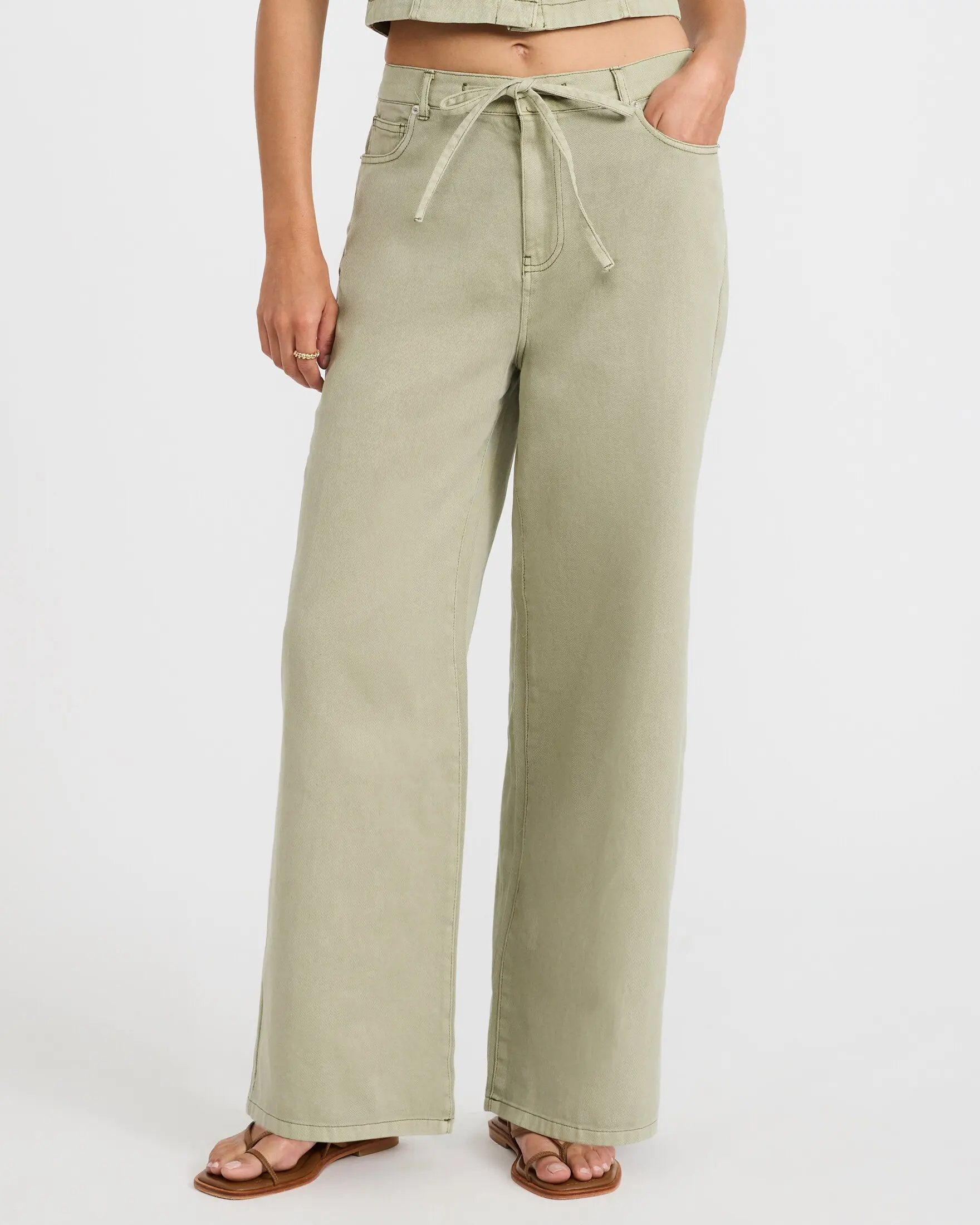 Express Cotton Mid Rise Drawstring Wide Leg Olive Green Jeans