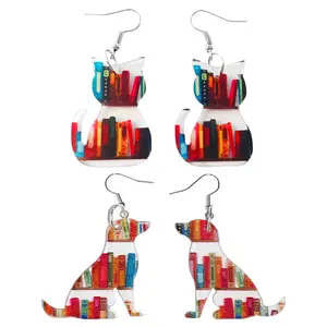 OIDEA Women's 2-Pair Acrylic Animal-Shaped Cat Dog Book Drop Dangle Earrings, Ideal Gift for Teachers & Readers, Animal-Shaped Earrings