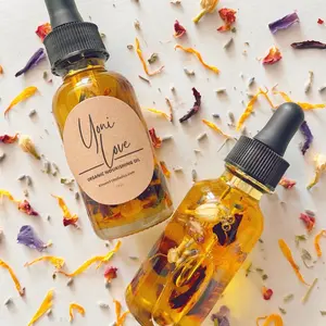 Womens Organic Crystal Infused Yoni Healing Oil w/ Red Raspberry + Roses + Sage + Comfrey + Tee Tree Oil + Vitamin E+ Damiana + Nettle