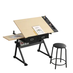 adjustable drawing drafting table desk with 2 drawers for home office and school with stool(wood) Drafting Table, Hight Angle Adjustable Drawing Table with 2 Drawers, Art Desk Art Table with Storage Shelf, Student Desk Study Desk for Painting